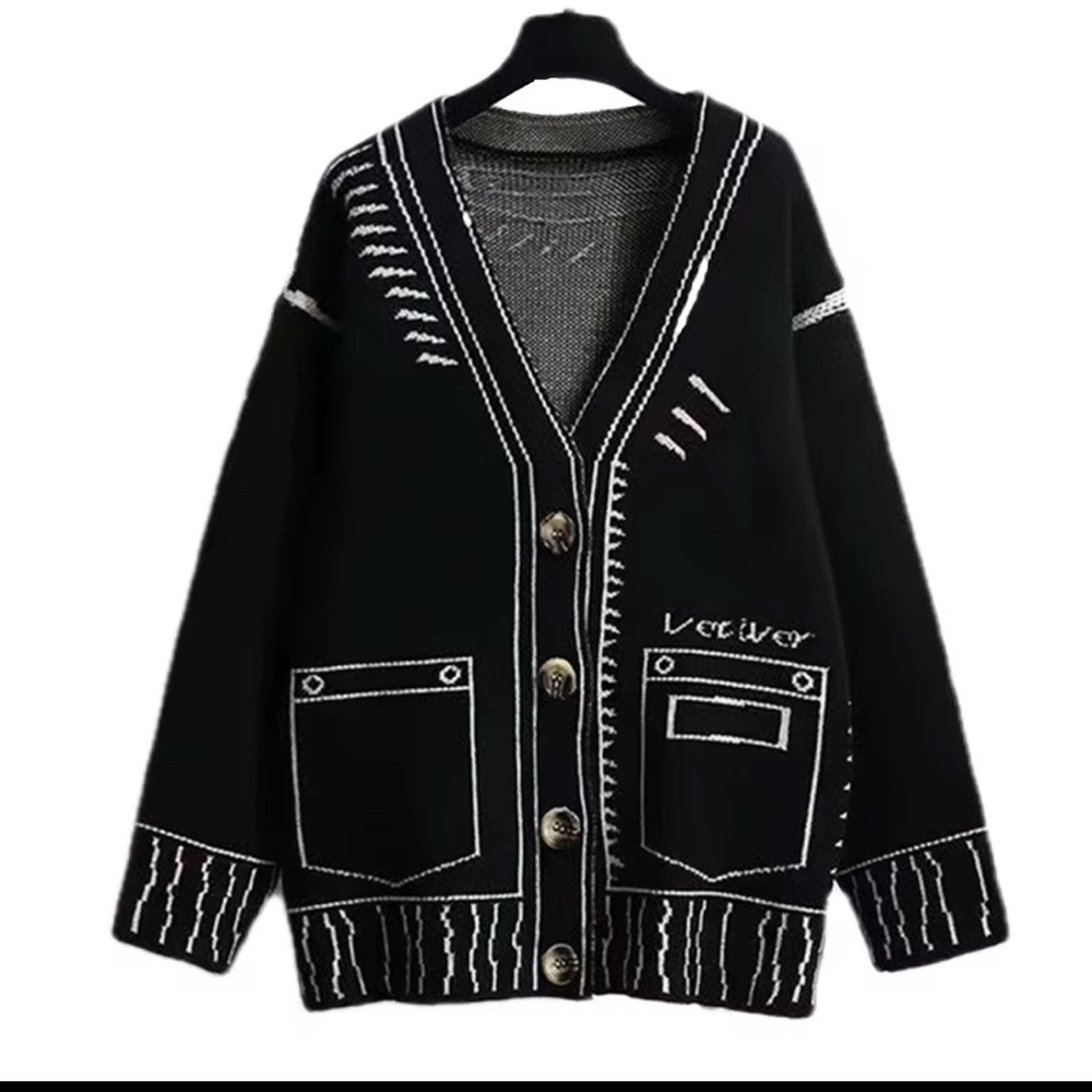 Black Cardigan with White Stitching